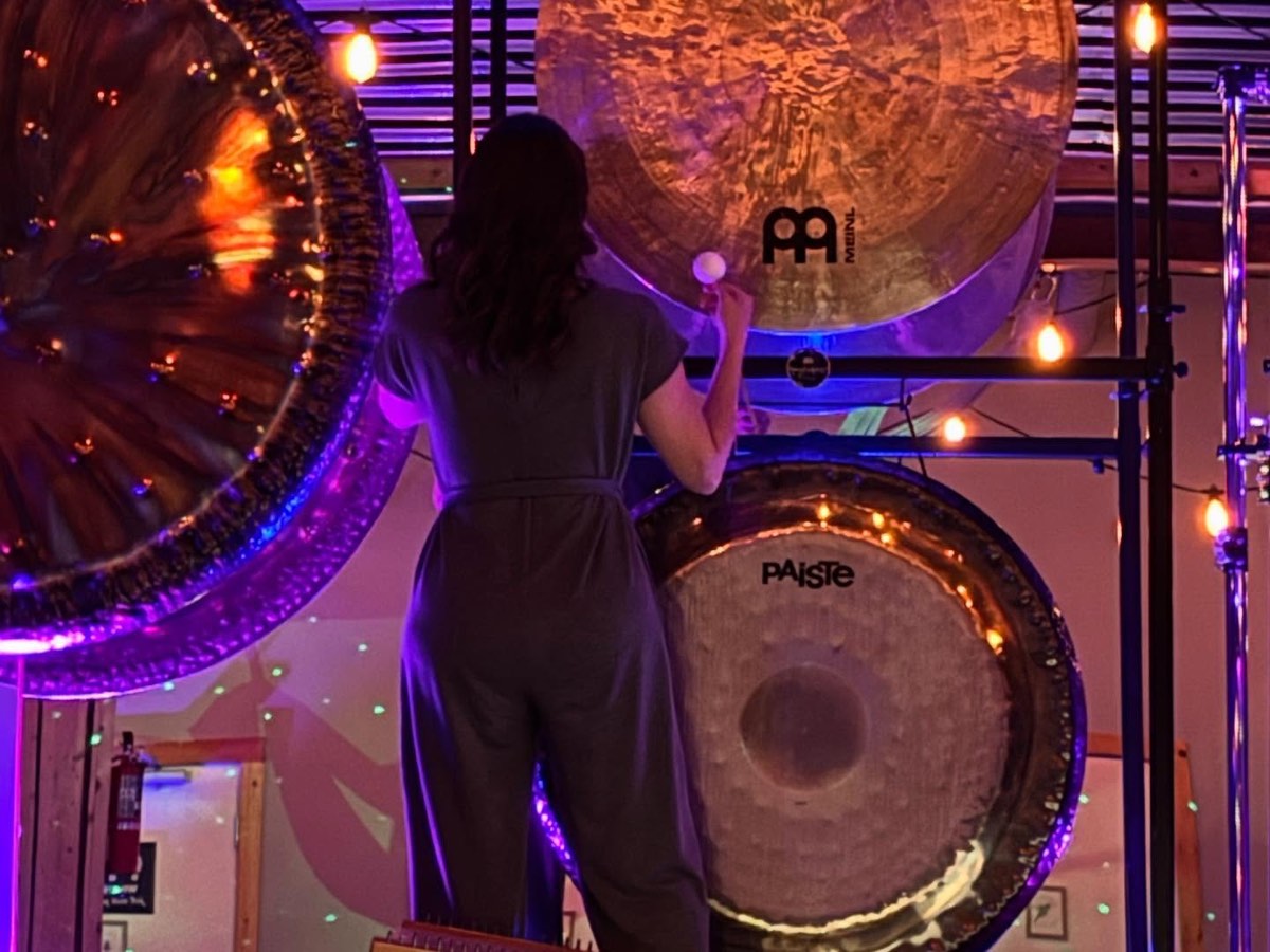 Gongs and bowls set up for Drop Into Bliss