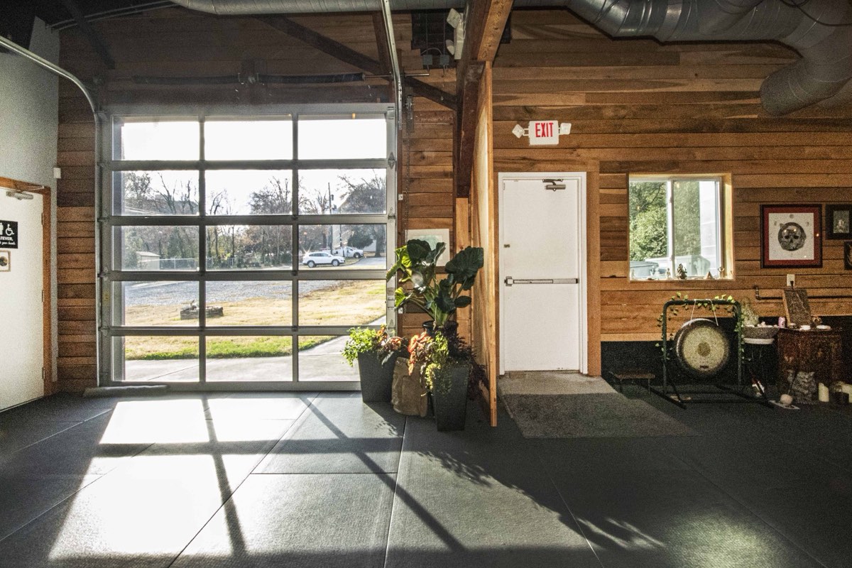 The gong and singing bowls by the open garage door